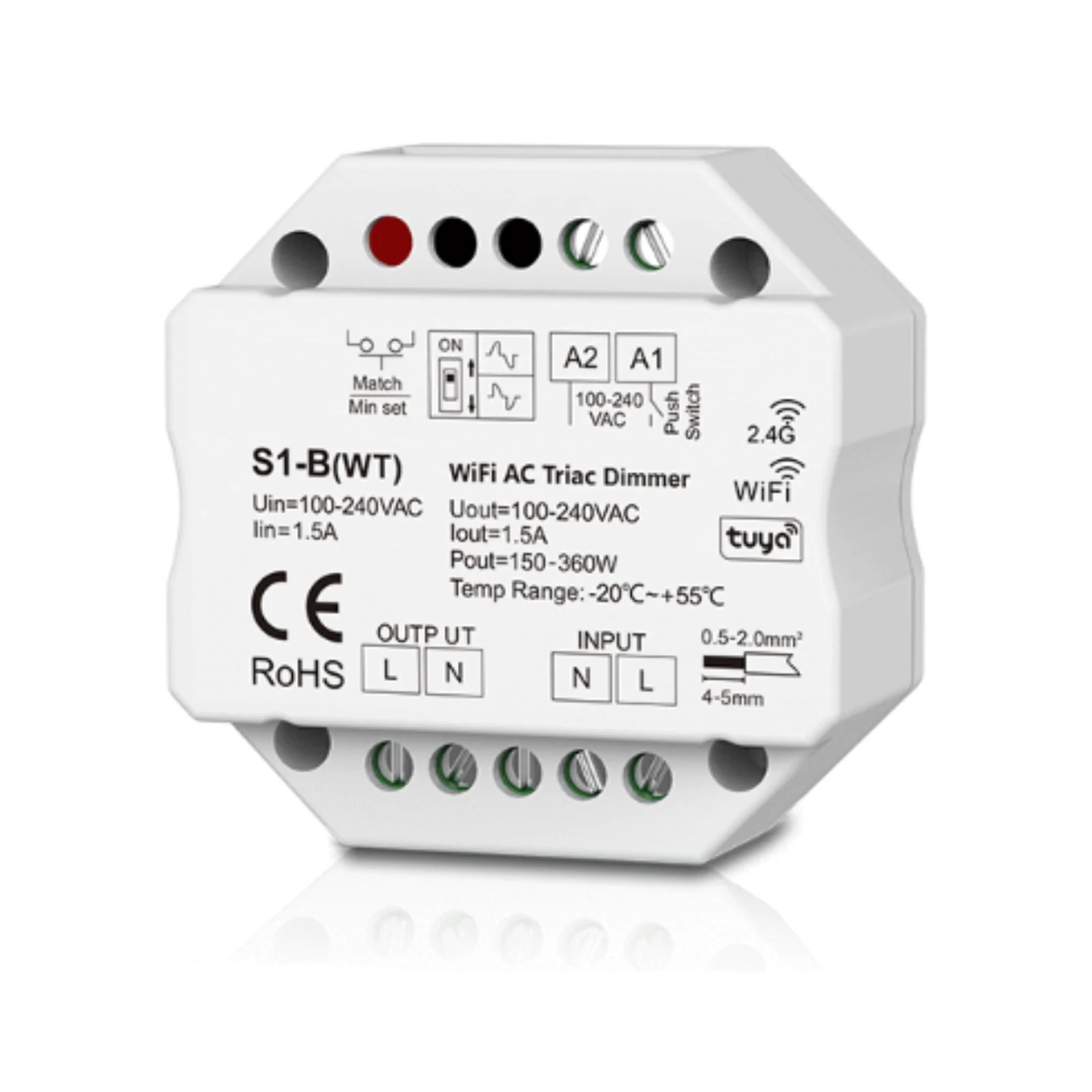 VE-TD01-WF 1-Channel Wi-Fi & RF AC TRIAC Dimmer, manufactured by Skydance (S1-B(WT))